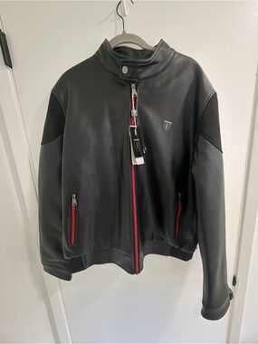 Black Men's Zip-Front Genuine Italian Leather Jacket with Red Trim